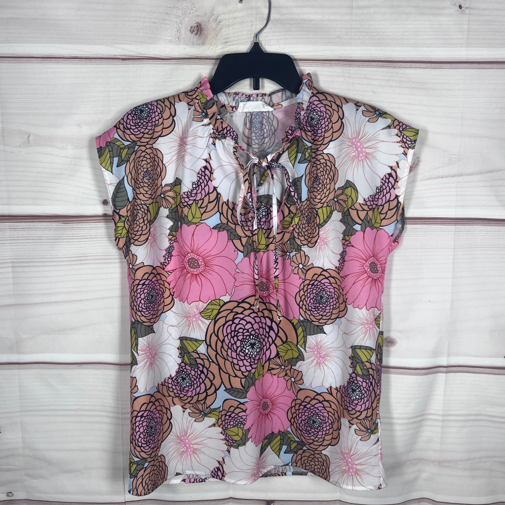 Mod Boutique Top Womens Small Pink Floral Tie Neck Sleeveless Blouse Pullover